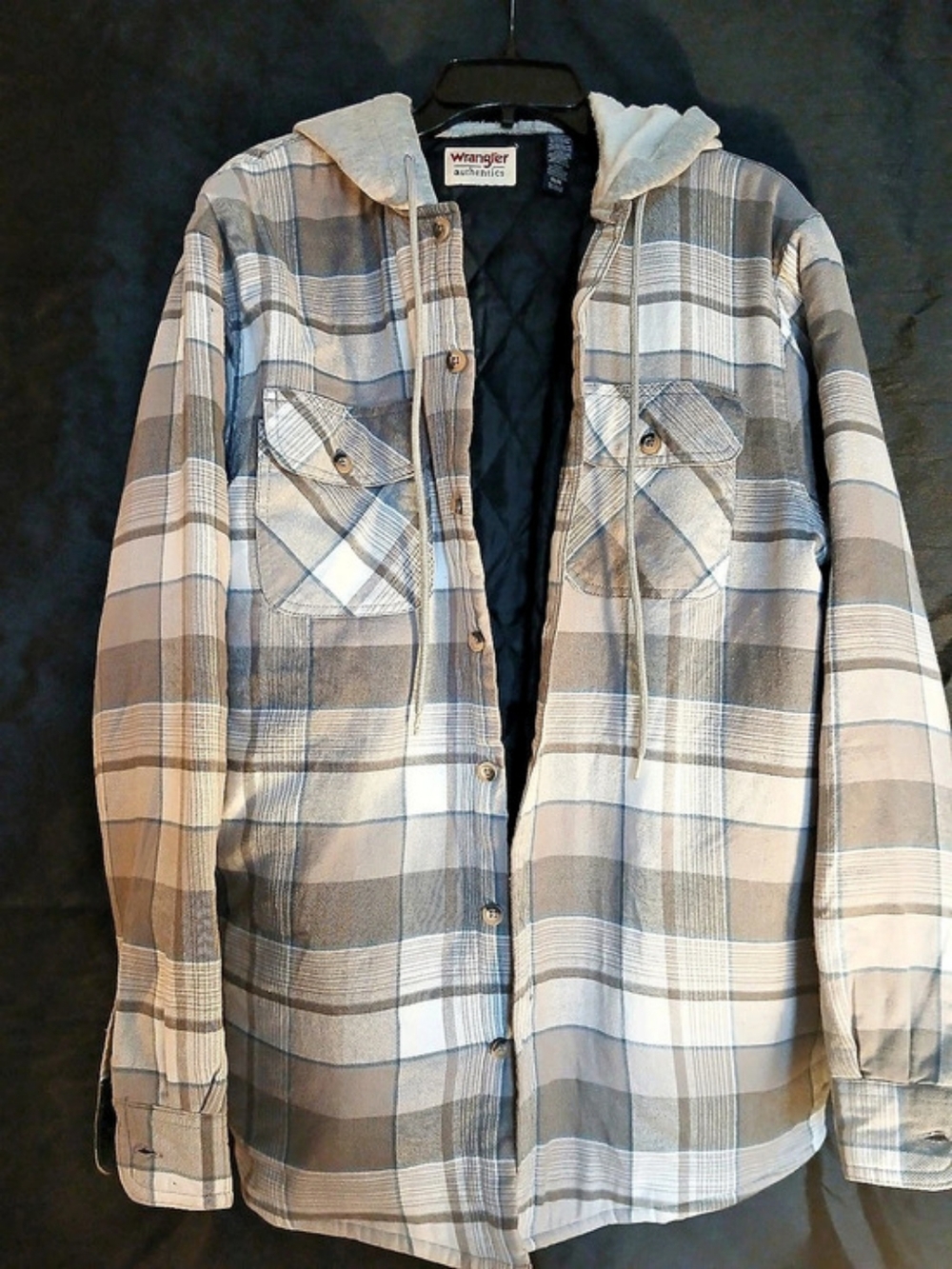 Wrangler Plaid Hooded Shirt Jacket in Gray & White